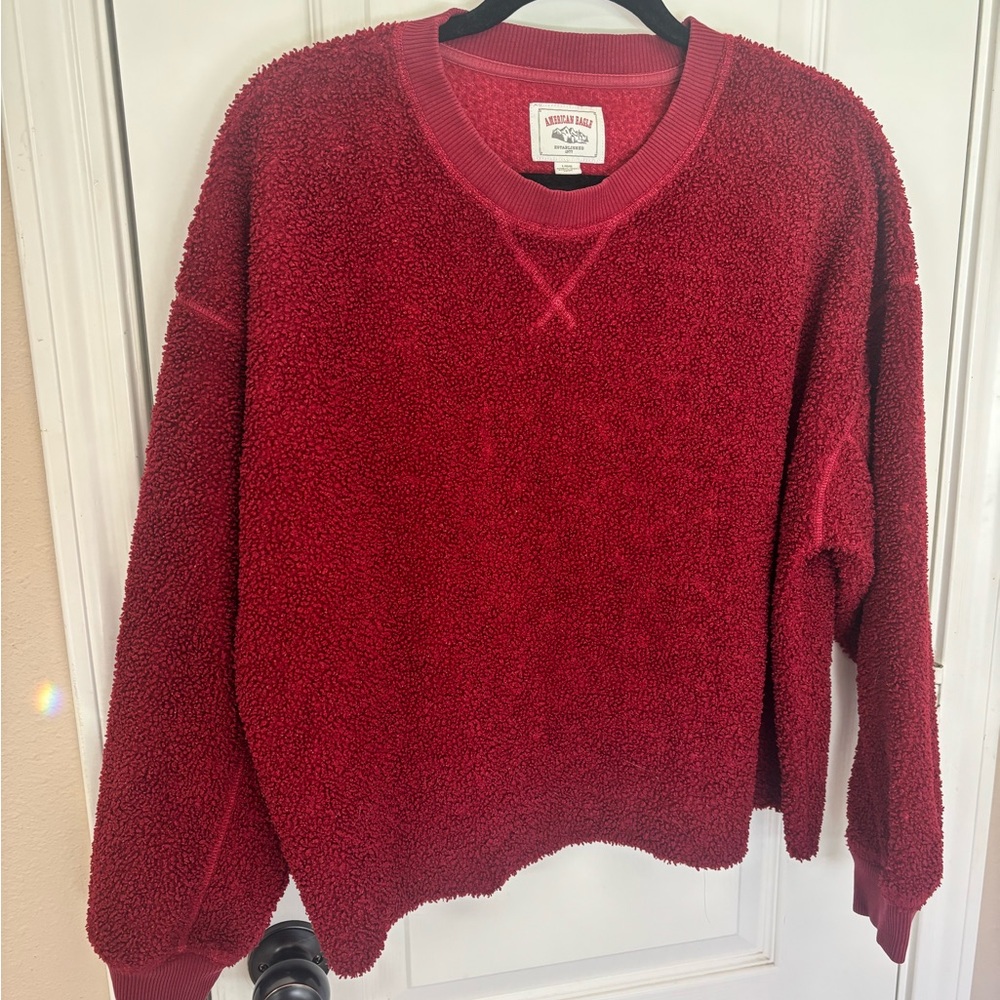 American Eagle Women's Large Red Sherpa Crewneck Sweater Y2K Sweatshirt